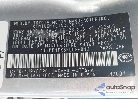 2015 Toyota Camry Se z USA, uszkodzony, nr VIN 4T1BF1FK5FU094010